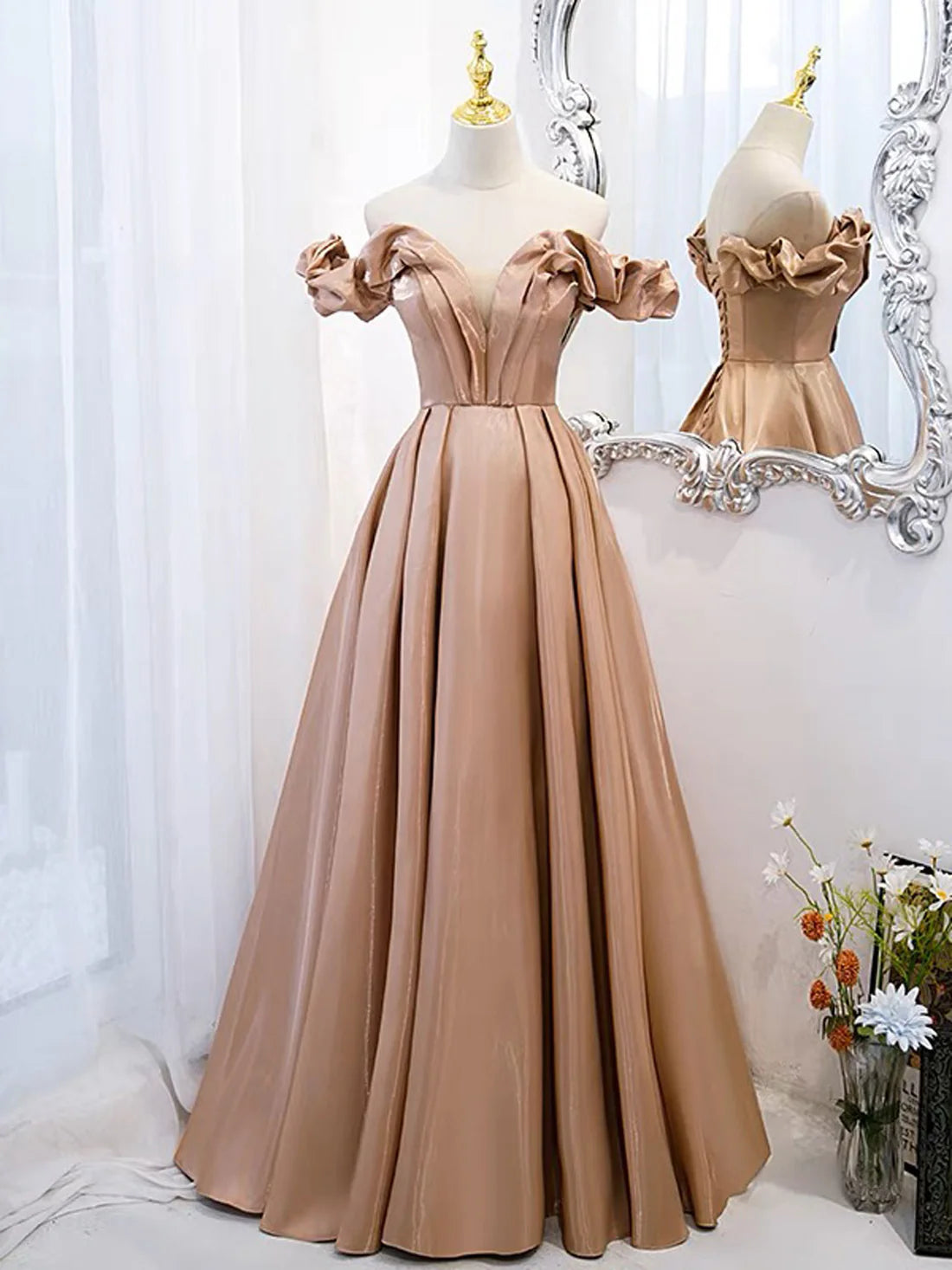 Luolandi A-Line Off Shoulder Satin Champagne Long Prom Dress Formal Dress december wedding guest dress