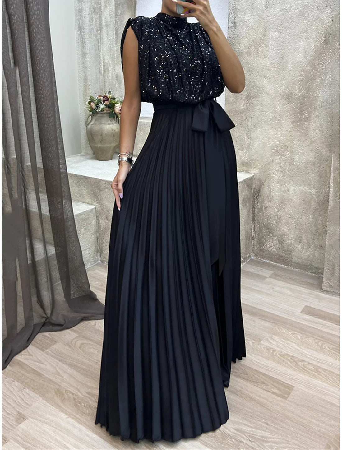 Luolandi Black Dress Sequin Dress Prom Dress Sequins Pleated Crew Neck Sleeveless Sparkly Evening Dress