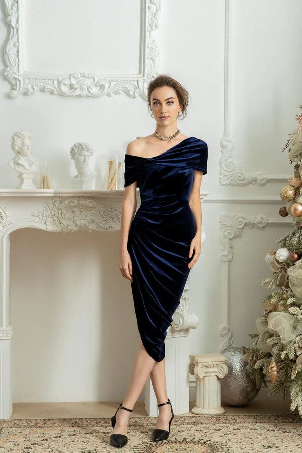 Luolandi One Shoulder Velvet Formal Dress Wedding Guest Dress Bridesmaid Dress Midi Dress Elegant Dress Cocktail Dress