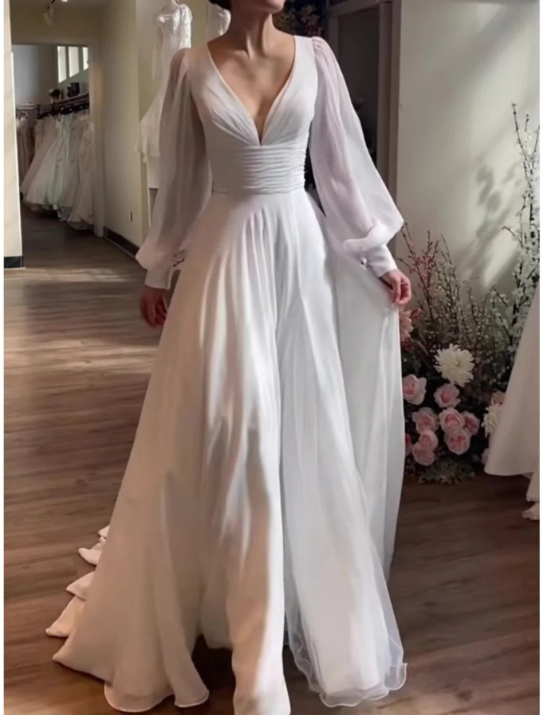 Luolandi Simple Wedding Dresses A-Line Off Shoulder Cap Sleeve Tea Length Satin Bridal Gowns With Pleats V-neck Sexy
