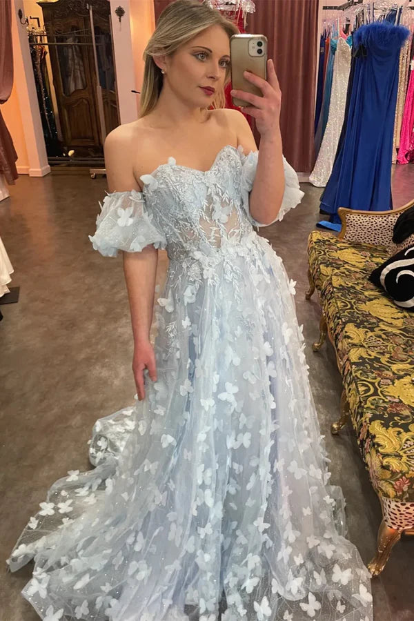 Luolandi Light Blue Sweetheart A-line Butterfly Tulle Long Prom Dress with Sleeves Off Shoulder