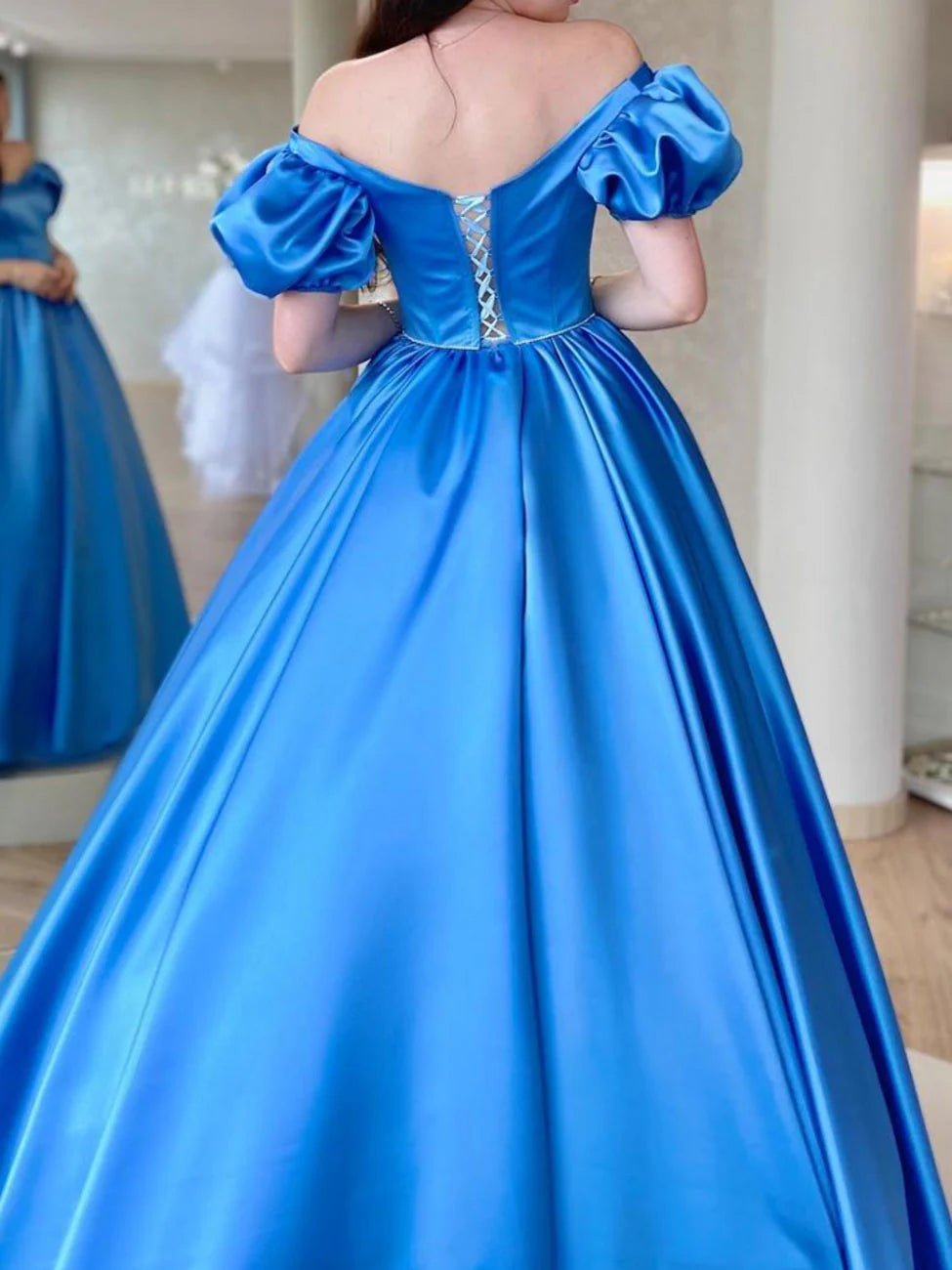Luolandi Blue Satin Long Prom Dress A Line Graduation Dresses Off Shoulder Elegant Evening Dress