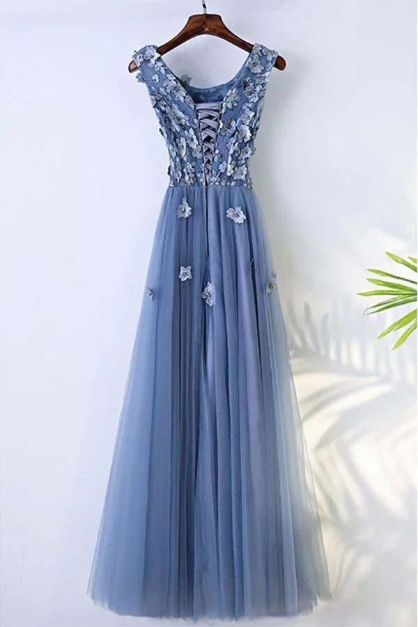 Luolandi A-line Flower Petals Prom Dress Floor Length Blue Beautiful With Flowers