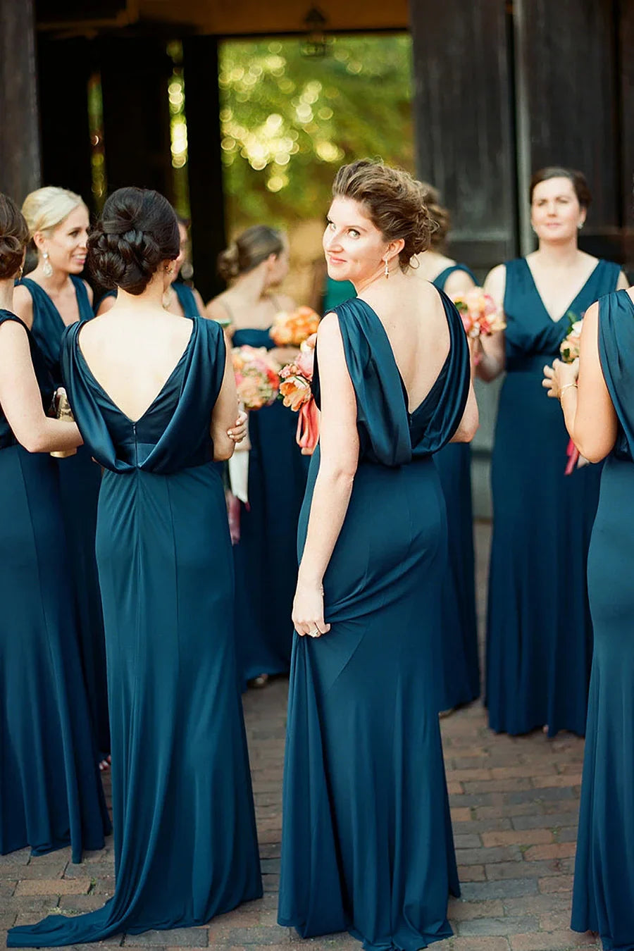 Luolandi Peacock Blue Mermaid V-Neck Long Bridesmaid Dress Elegant Evening Party Dress