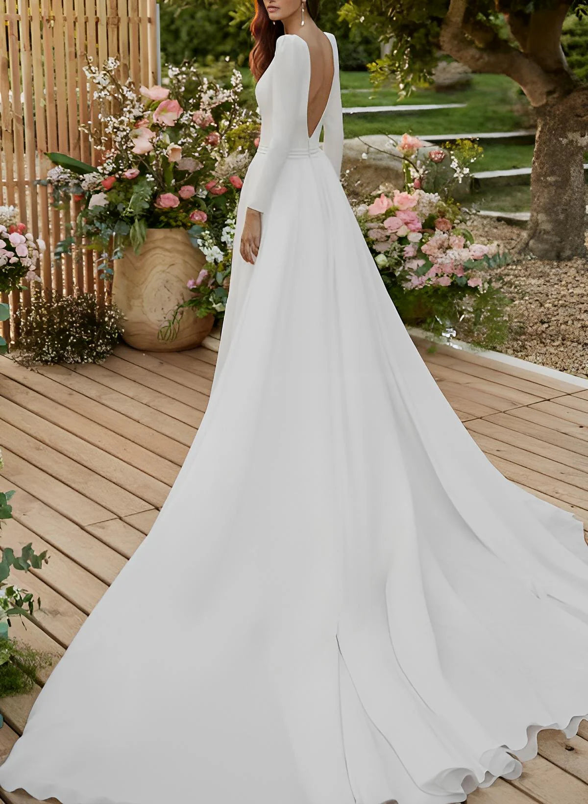 Luolandi Satin Wedding Dresses Scoop Neck Long Sleeves Court Train Floor Length Elegant