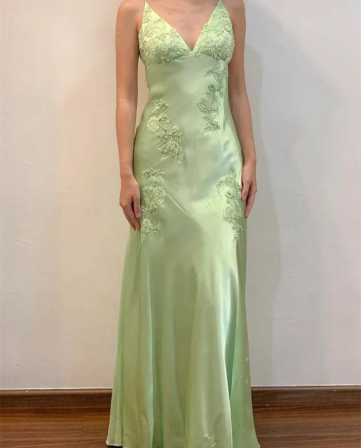 Luolandi Elegant Green Vintage V Neck Long Prom Dress Charming Evening Party Dress Formal Dress
