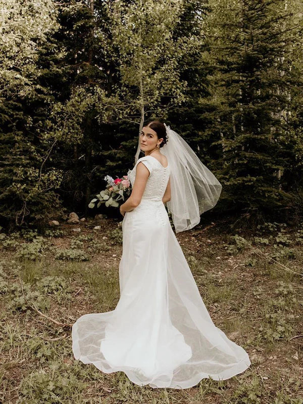 Luolandi Simple Short Sleeves Tulle A-Line Wedding Dresses Floor Length Elegant Bridal Gown