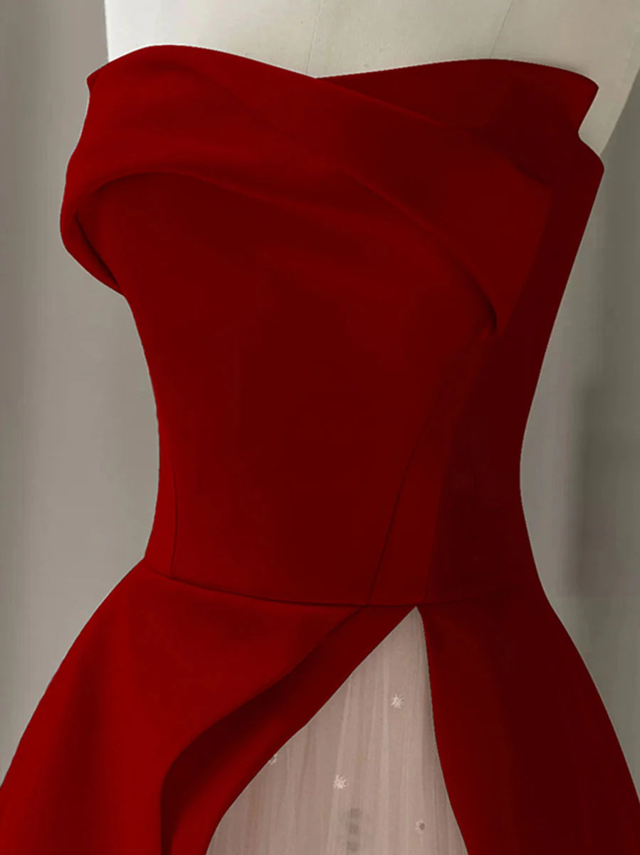 Luolandi A line Burgundy Satin Long Prom Dress Formal Dress Off Shoulder Elegant Evening Dress