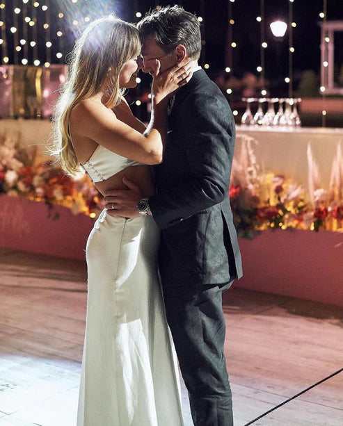 Luolandi Charming A Line Two Piece Sweetheart Satin Wedding Dresses Off Shoulder Sexy