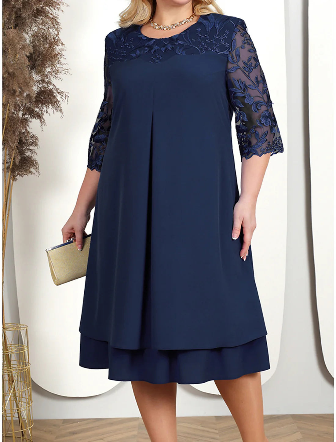 Luolandi Women's Plus Size Curve Party Dress Lace Dress Cocktail Dress Midi Dress Pink Dark Blue Light Blue 3/4 Length Sleeve Floral Lace Wedding Guest Mother of the Bride Dress