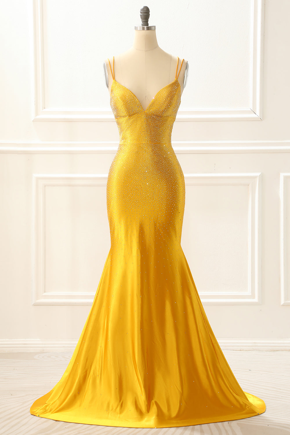 Luolandi Yellow Satin Mermaid Glitter Prom Dress With Beading Sparkly Evening Dress