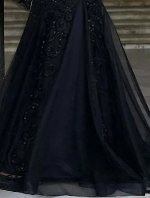 Luolandi A-Line Evening Gown Black Dress Vintage Formal Wedding Guest Floor Length Long Sleeve V Neck Lace with Appliques Elegant