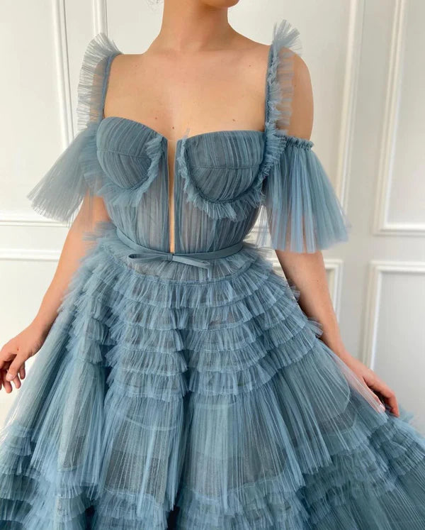 Luolandi Cute A-Line Blue Ruffled Gown Tulle Floor-length Prom Dress Solid Color