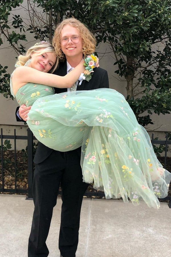 Luolandi A Line Sweetheart Long Prom Dress with Embroidery Beautiful Flowers