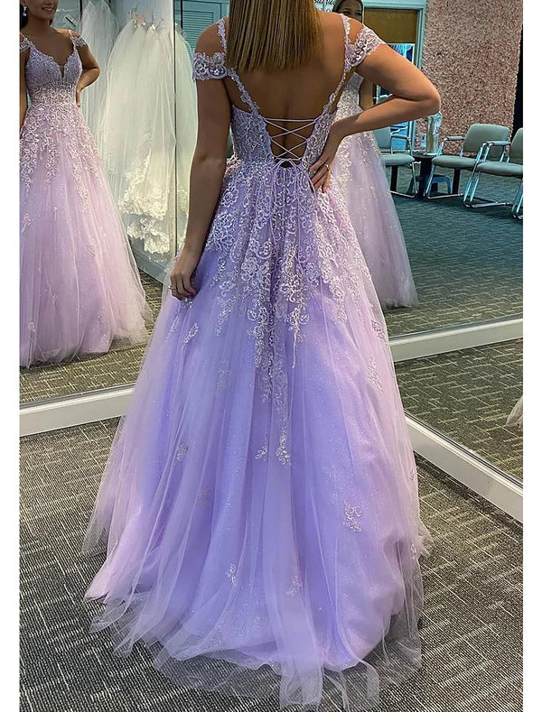 Luolandi A-Line Prom Dresses Empire Dress Formal Wedding Guest Floor Length Sleeveless V Neck Tulle Backless with Pleats Appliques Lilac