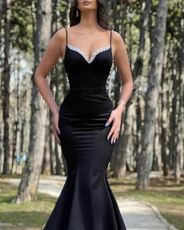 Luolandi Black Mermaid Spaghetti Straps Beaded V-neck Satin Dress Evening Dresses Sexy