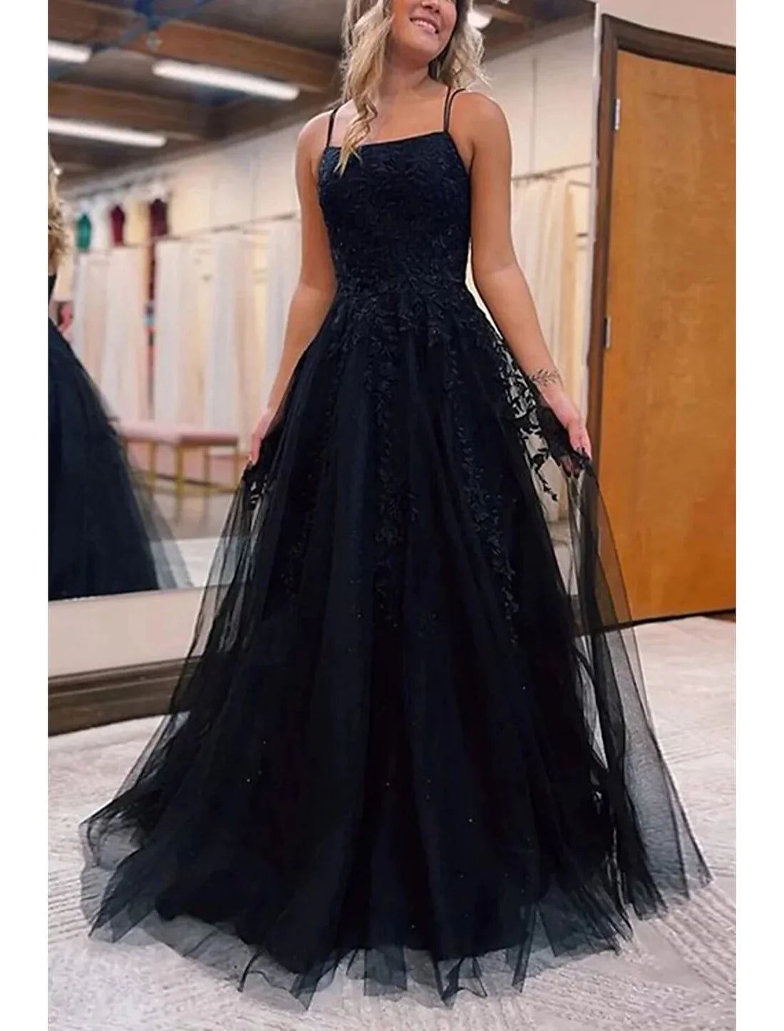 Luolandi Ball Gown Prom Dresses Princess Dress Formal Wedding Party Sweep / Brush Train Sleeveless Spaghetti Strap Tulle with Pleats Appliques Black