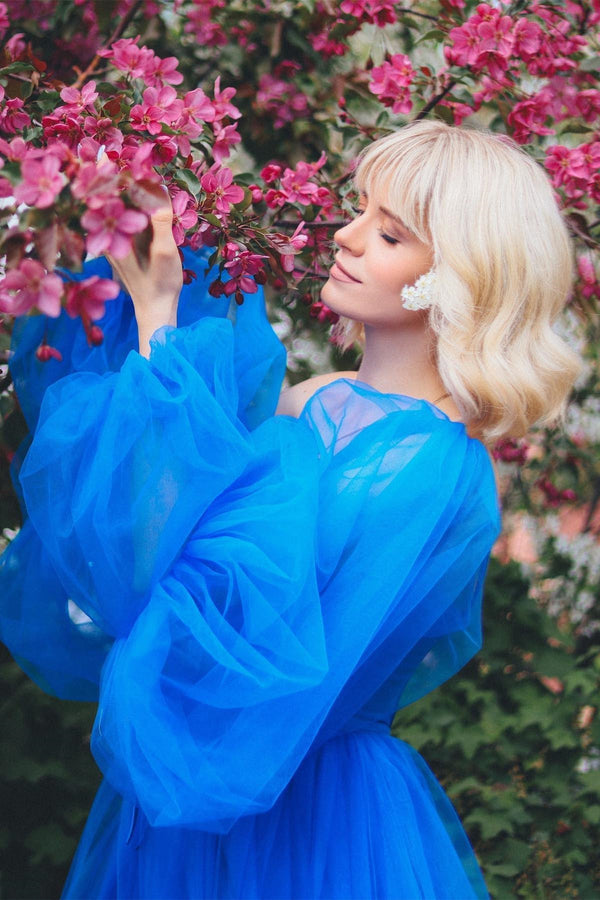 Luolandi A line Long Sleeves Satin Tulle Prom Dress with Slit Blue Sexy Evening Dress