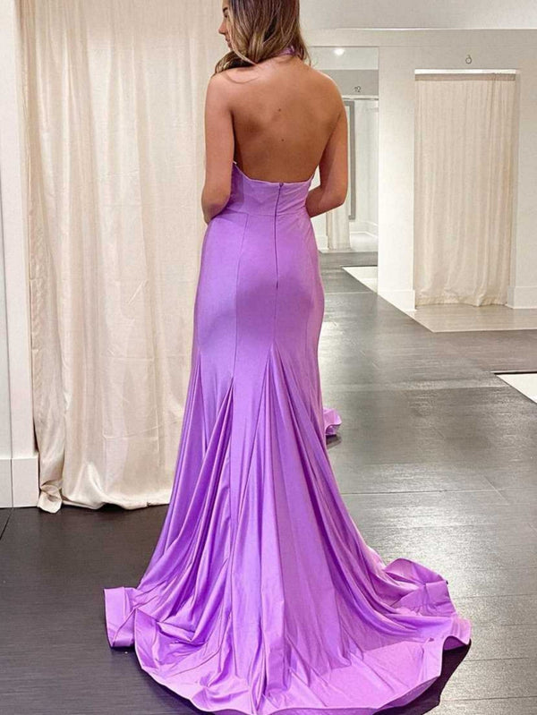 Luolandi Halter Cross Neck Purple Long Bodycon Prom Dress Open Back Evening Dress Party Dress