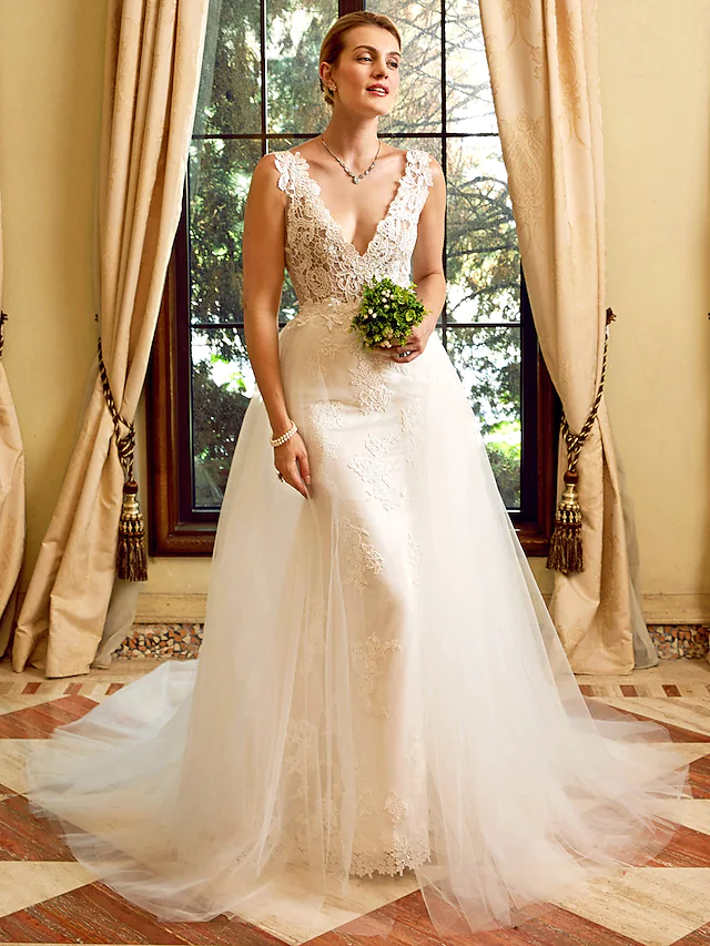 Luolandi Wedding Dresses V Neck Chapel Train Lace Tulle Regular Straps See-Through