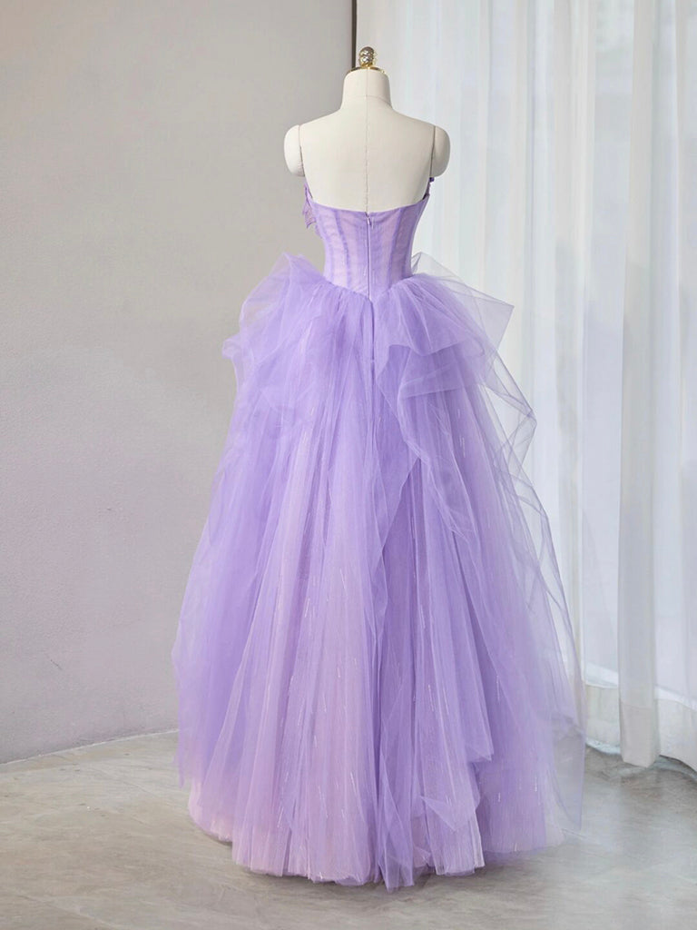 Luolandi A-Line Sweetheart Neck Tulle Lace Applique Purple Long Prom Dress Formal Dress With Flowers