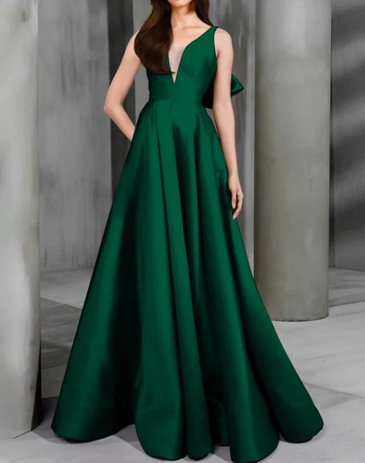Luolandi A-Line Evening Gown Christmas Dress Sleeveless V Neck Satin with Bow(s) Sexy Evening Dress