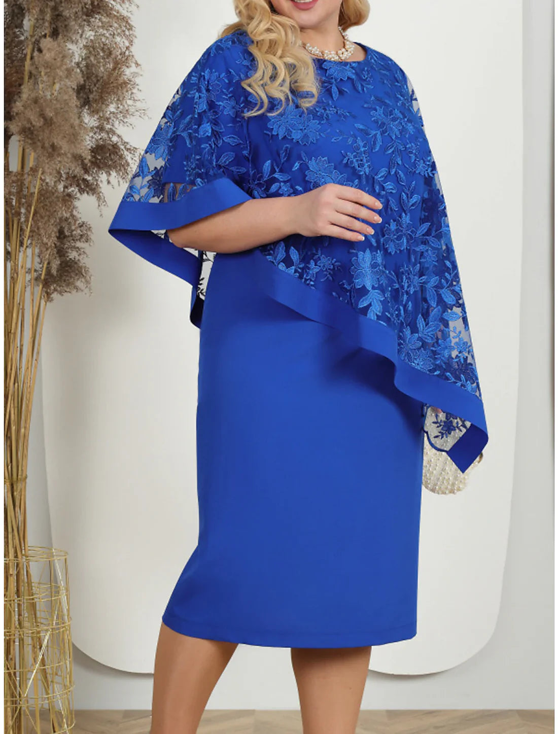 Luolandi Women's Plus Size Curve Party Dress Lace Dress Cocktail Dress Midi Dress Pink Blue Half Sleeve Floral Lace Summer Spring Fall Crew Neck Wedding Guest Mother of the Bride Dress