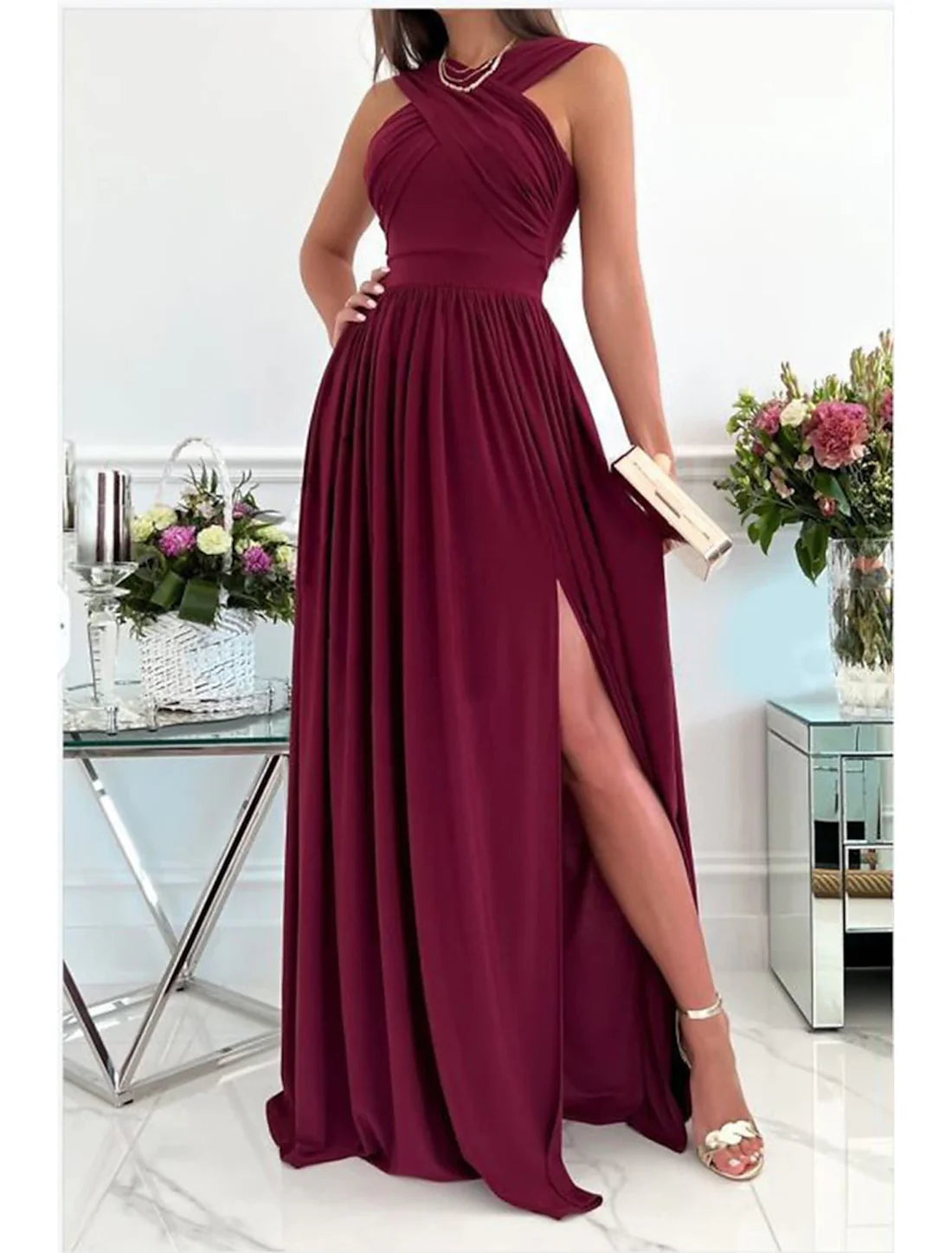 Luolandi A-Line Prom Dresses Sexy Dress Formal Wedding Guest Floor Length Sleeveless Halter Neck Bridesmaid Dress Chiffon with Ruched Slit Party Dress