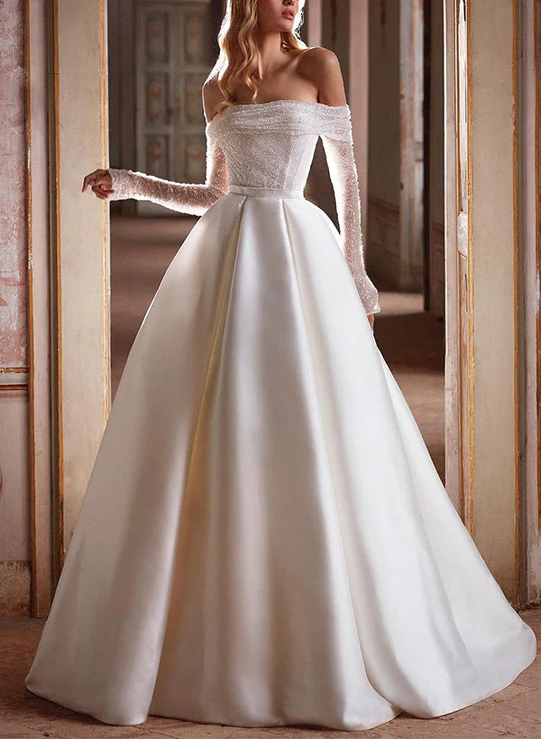 Luolandi Off-The-Shoulder A-Line Wedding Dress With Long Sleeves And Pockets Featuring Sequins Sparkly