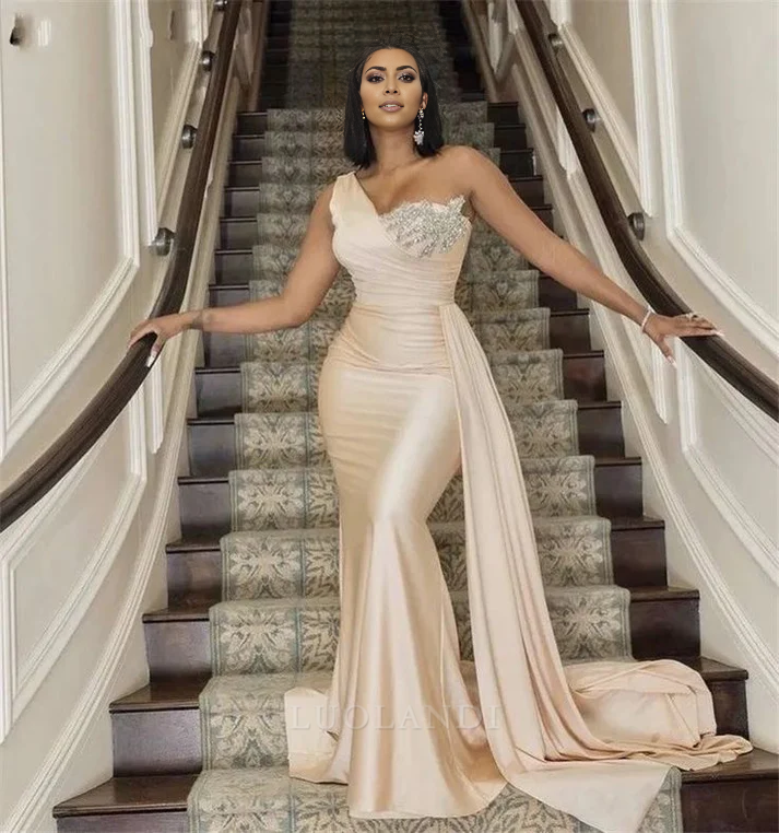 Luolandi Modest One Shoulder Sleeveless Mermaid Satin Long Prom Dress Charming Evening Party Dress