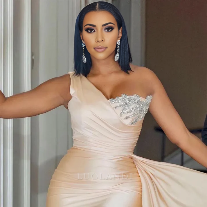 Luolandi Modest One Shoulder Sleeveless Mermaid Satin Long Prom Dress Charming Evening Party Dress