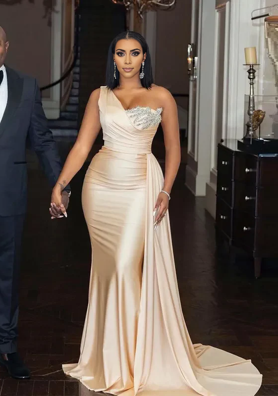 Luolandi Modest One Shoulder Sleeveless Mermaid Satin Long Prom Dress Charming Evening Party Dress