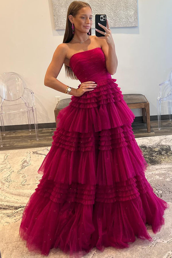 Luolandi A-Line Strapless Tulle Long Prom Dress with Tiered Ruffles Off Shoulder Evening Dress