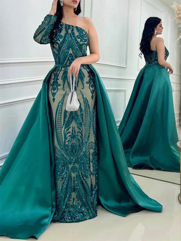 Luolandi Sheath/Column One-Shoulder Court Train Evening Dresses with Sequins Elegant