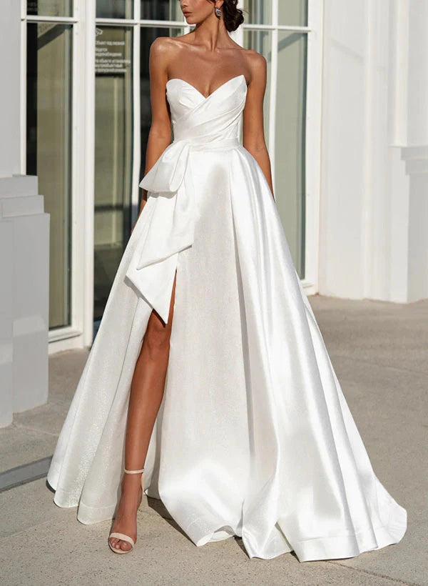 Luolandi A-Line Strapless Satin Wedding Dress With Split Front Bow Off Shoulder Solid Color Simple Formal Dress