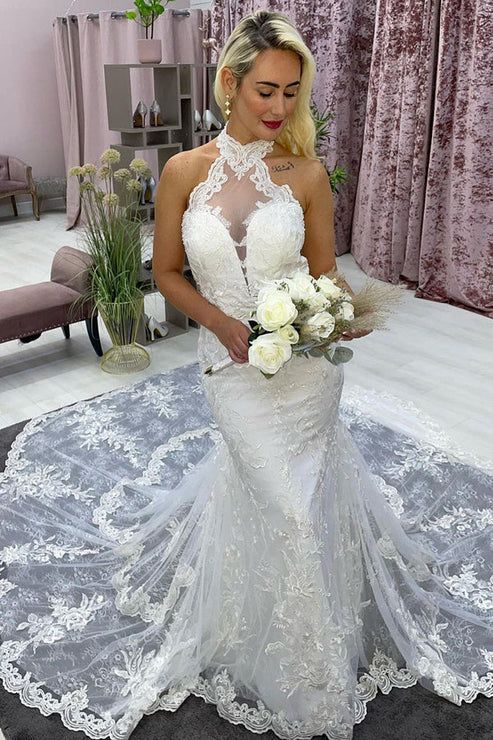 Luolandi Ivory Halter Long Train Mermaid Wedding Dress with Appliques Beautiful