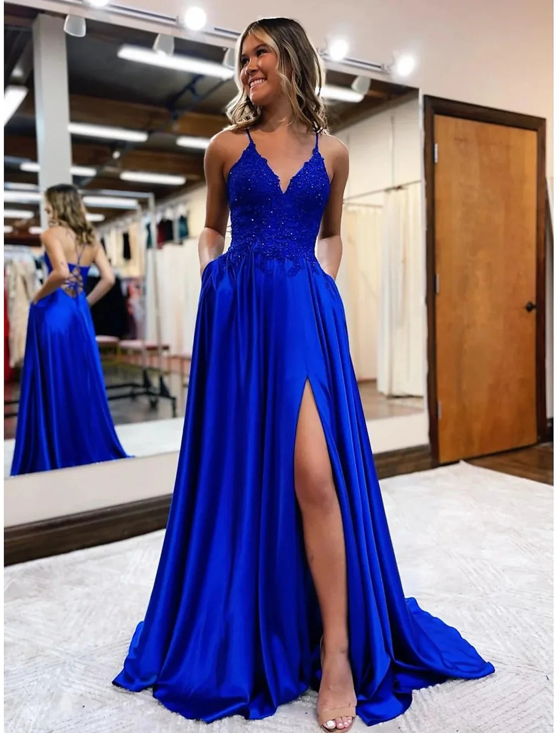 Luolandi A-Line Prom Dresses Empire Dress Formal Wedding Guest Court Train Sleeveless V Neck Satin Backless With Slit