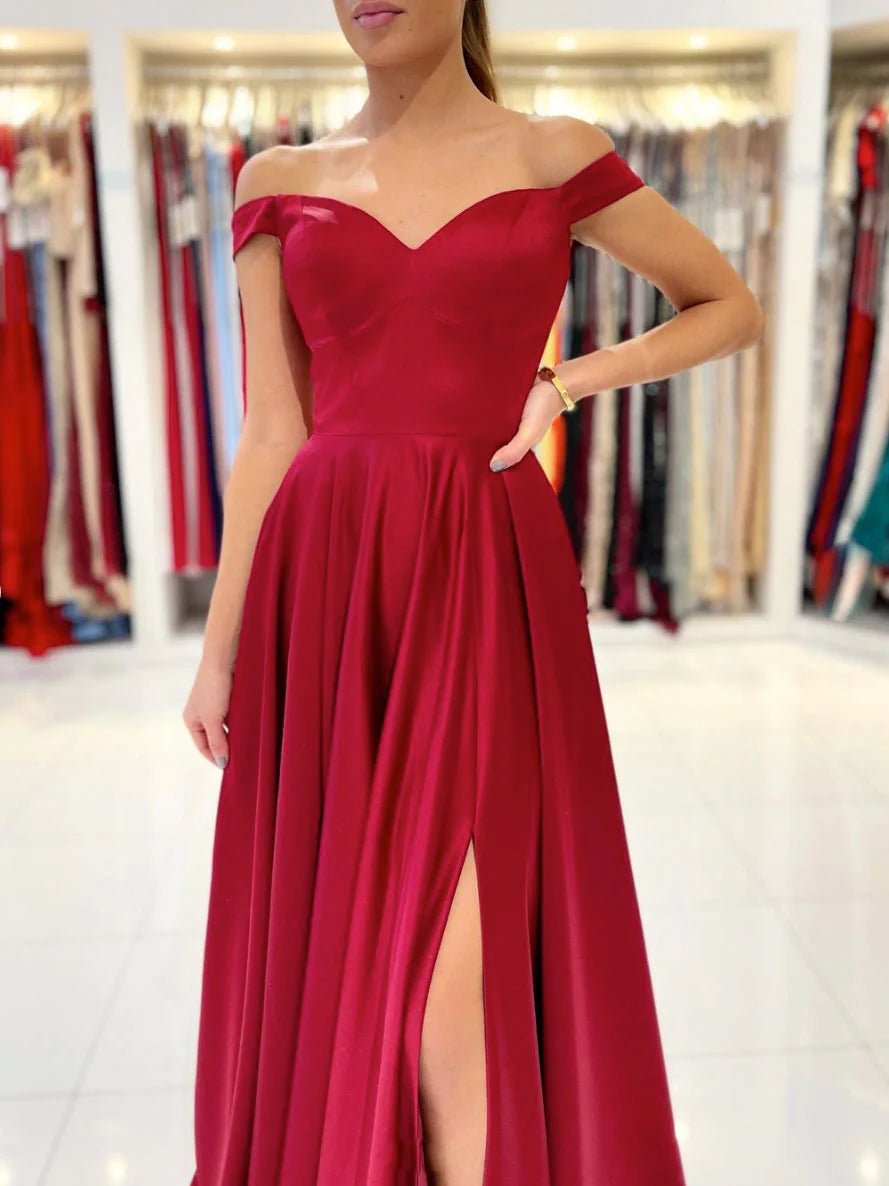 Luolandi Simple sweetheart satin long prom dress burgundy bridesmaid dress Evening Dress With Slit