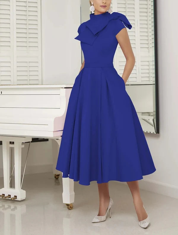 Luolandi A-Line Mother of the Bride Dress Wedding Guest Elegant Vintage High Neck Tea Length Satin Short Sleeve with Sash / Ribbon Bow(s)