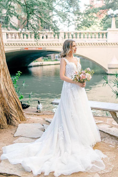 Luolandi A-Line V Neck Tulle Appliques Wedding Dresses Sexy Beautiful