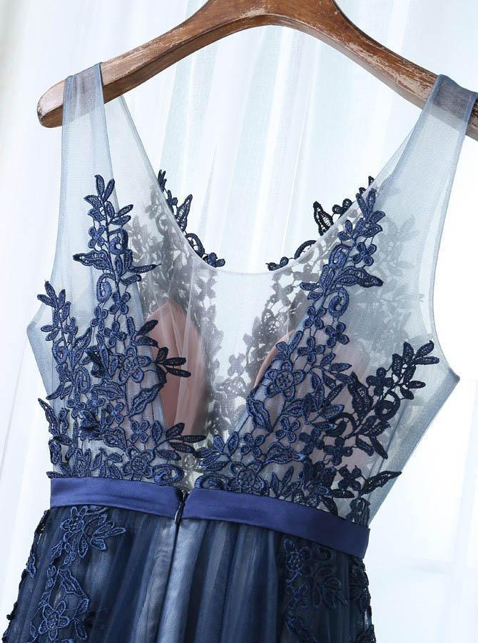 Luolandi A Line V Neck Floor Length Appliques Tulle Prom Dress Beautiful Sexy