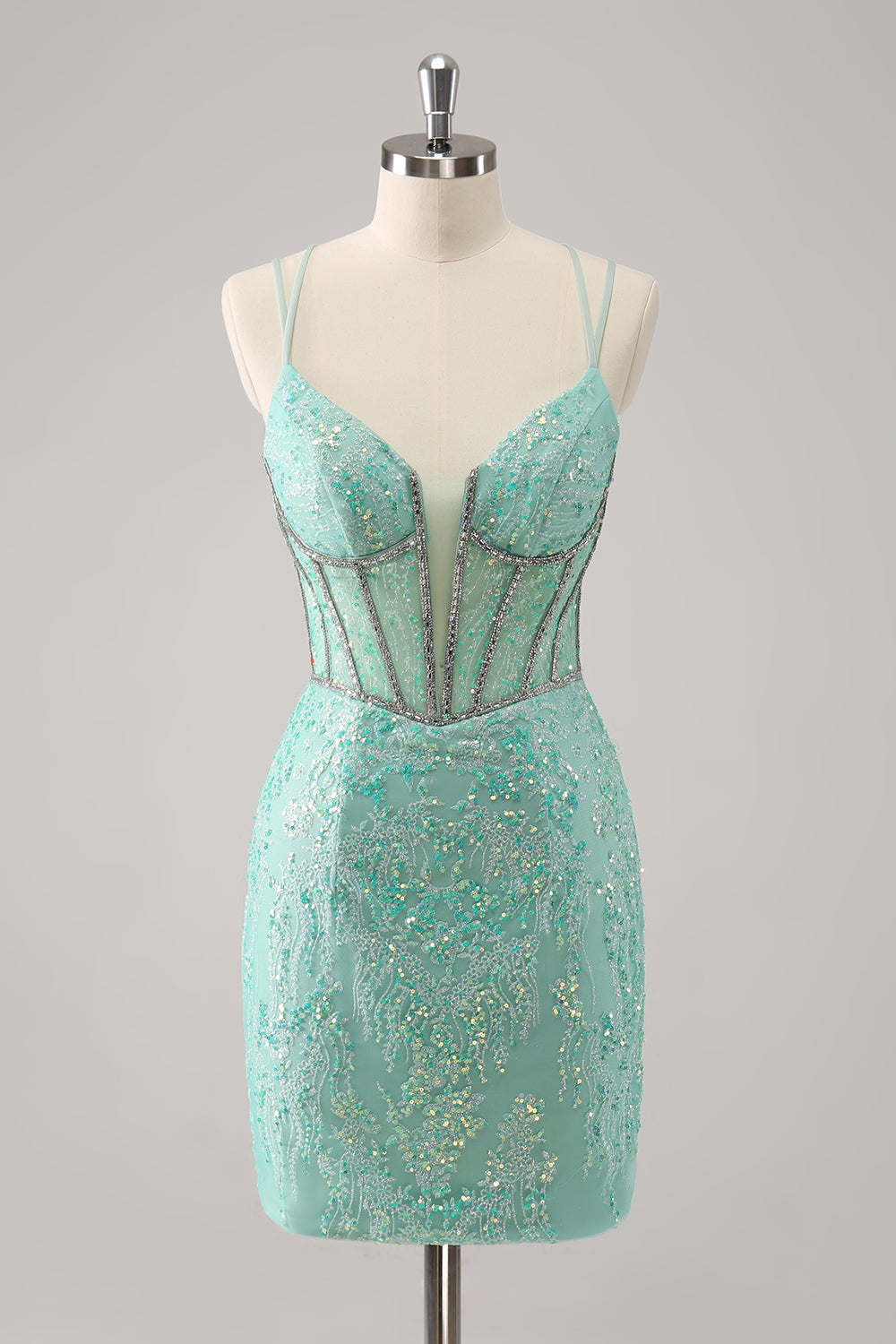 Luolandi Glitter Dark Green Corset Spaghetti Straps Short Tight Homecoming Dresses Sparkly Party Dress