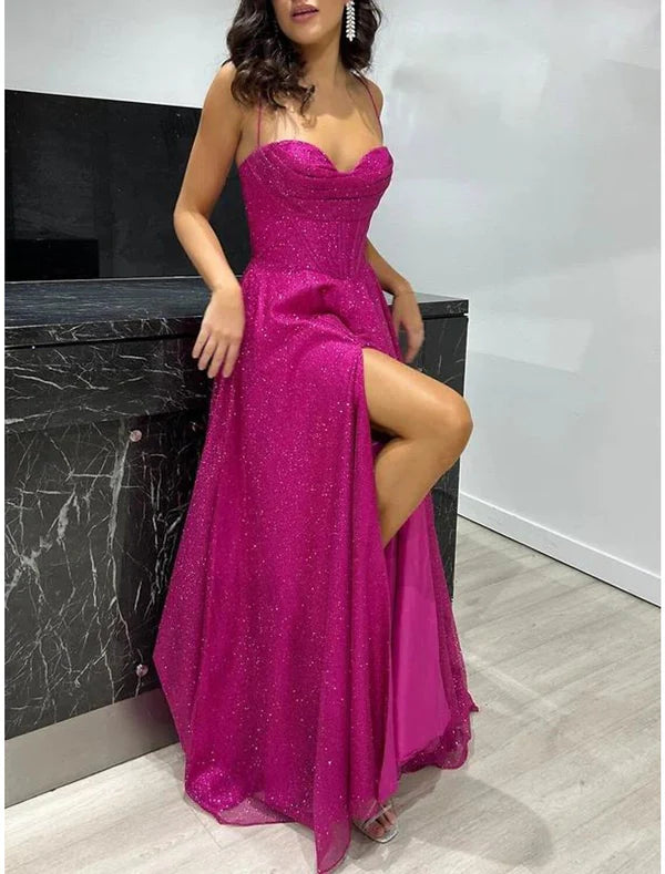 Luolandi A-Line Prom Dresses Corsets Dress Wedding Guest Wedding Party Sweep / Brush Train Sleeveless Spaghetti Strap Fall Wedding Reception Tulle Sparkly Evening Dress