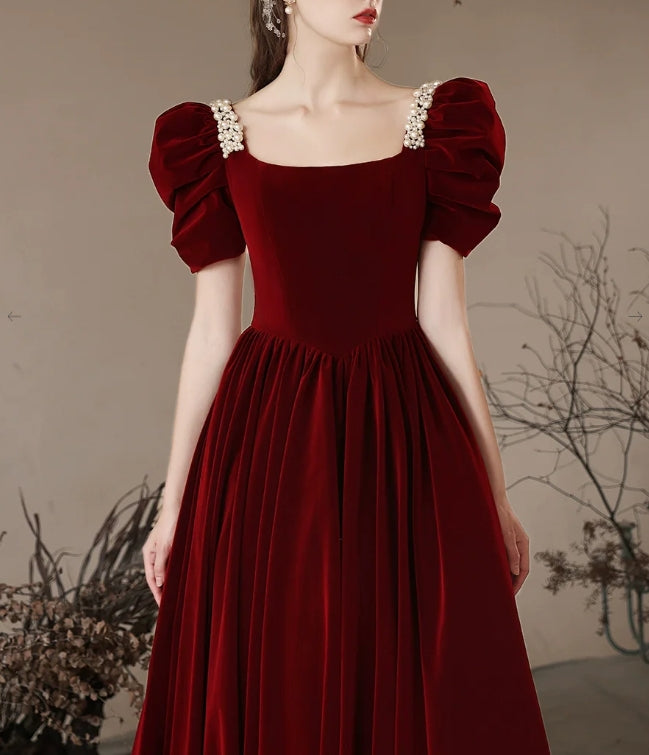 Luolandi A- Line Velvet Burgundy Long Prom Dress Formal Dress Elegant Evening Dress december wedding guest dress