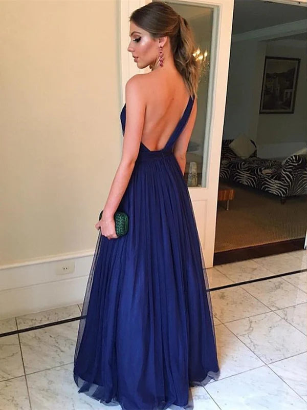 Luolandi Simple Tulle One Shoulder Backless A-line Prom Dresses Floor Length Elegant Evening Dress