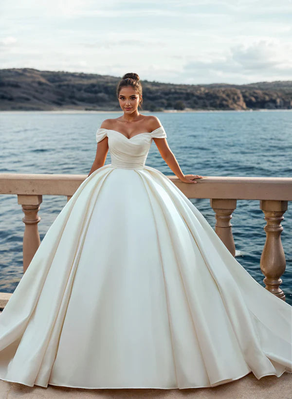 Luolandi Luxury Satin Wedding Dresses With Ruffle Off Shoulder Floor Length Elegant