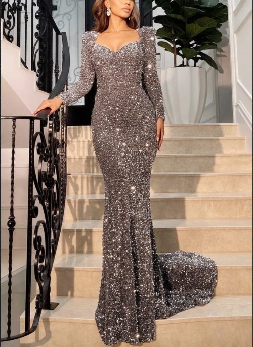 Luolandi Grey Sequin Evening Dress Long Sleeves Mermaid Prom Dress Sparkly