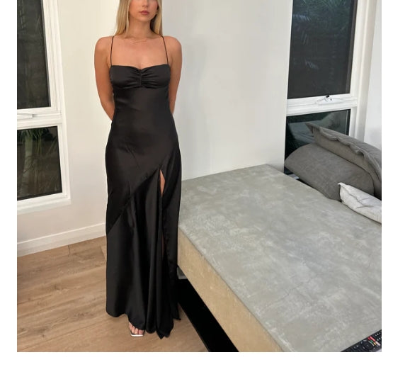 Luolandi Red A-Line Spaghetti Straps Long Prom Dress with Slit Yellow Formal Dress Simple Evening Party Dress