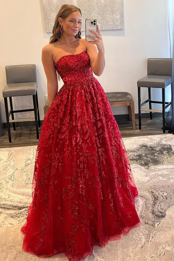 Luolandi Red A-Line Strapless Sequin Lace Prom Dresses Off Shoulder Floor Length Sparkly Evening Dress