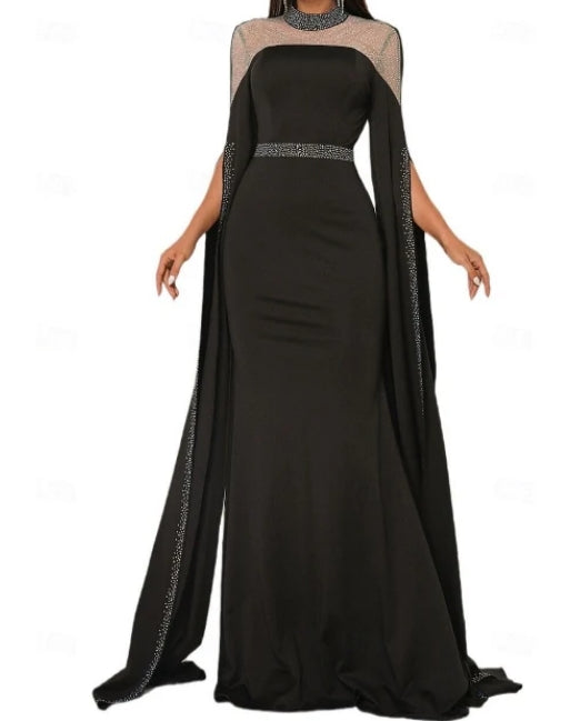 Luolandi Black Mermaid / Trumpet Evening Gown Formal Floor Length Long Sleeve Illusion Neck Crepe with Glitter Sparkly